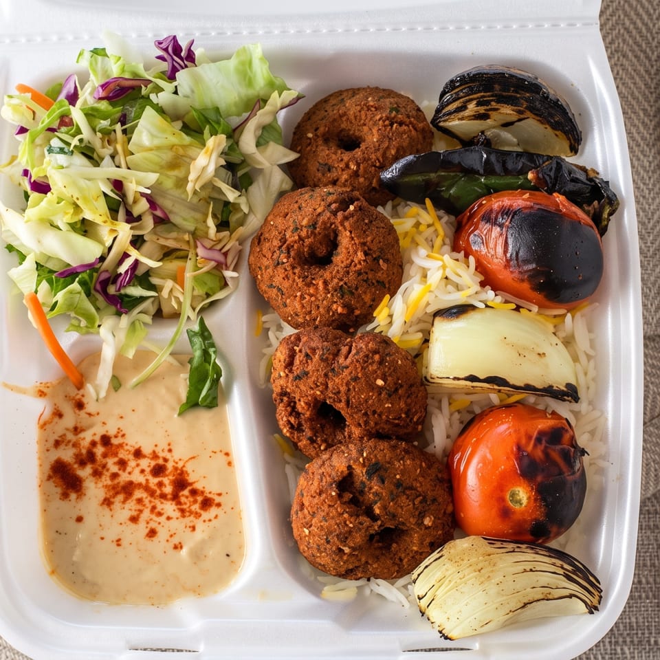 Takeout platter with falafel, seasoned rice, grilled vegetables, salad, and tahini sauce on a woven tablecloth.
