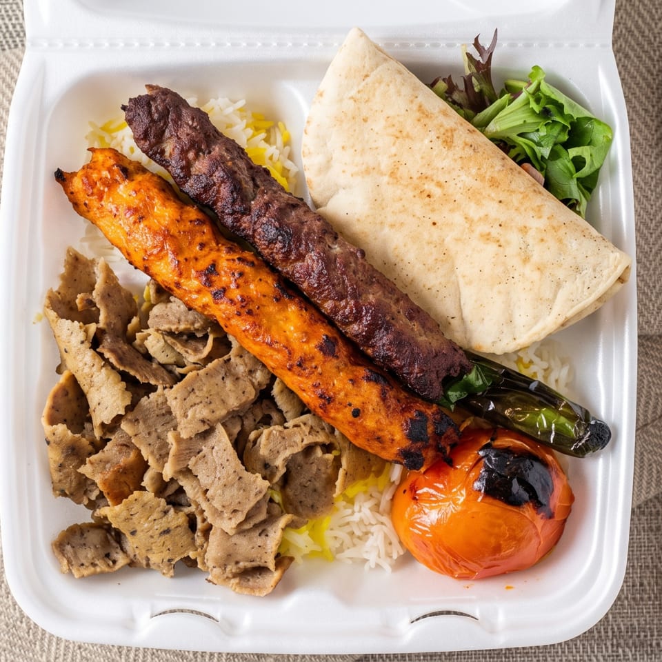 Takeout platter with grilled kebabs, shawarma, rice, pita bread, salad, roasted pepper, and green chili.