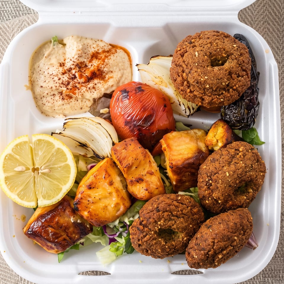 Mediterranean platter with falafel, grilled chicken, roasted vegetables, hummus, lemon, and salad in a takeout container.